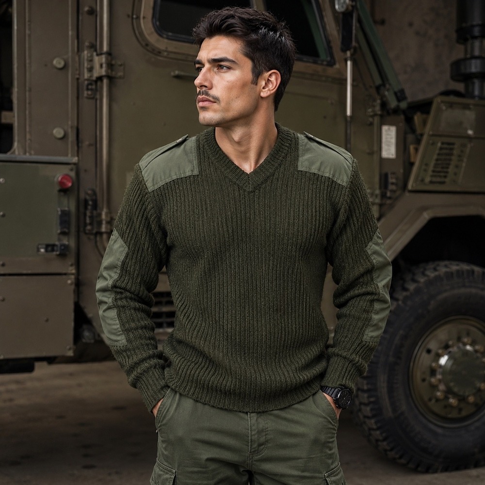 Tact Squad 2004 Sweater Mens Medium Green 100% Wool Commando V-Neck Ribbed Y2K